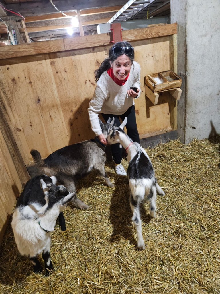 Robyn laughing as she feeds three baby goats in a straw-lined barn pen