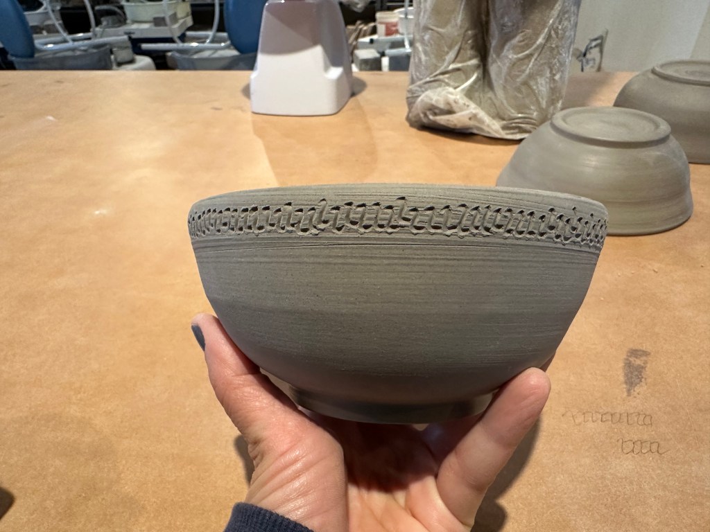 Robyn’s first wheel-thrown bowls, carved with minims