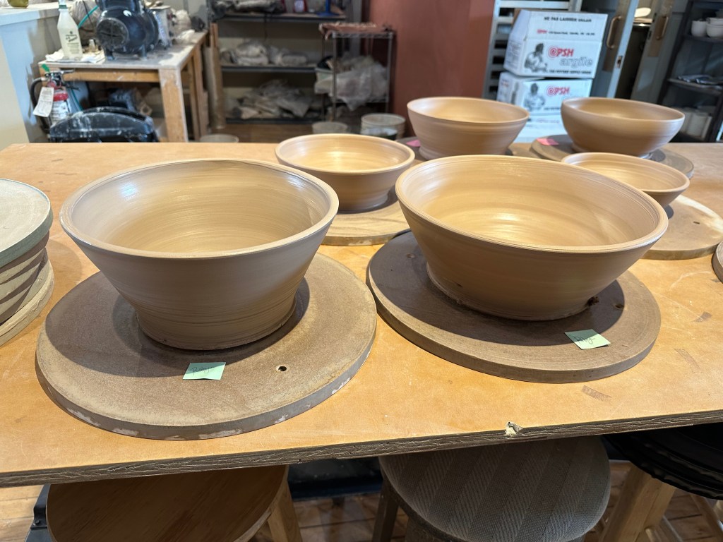 Two large wheel-thrown bowls, thrown from five and six pounds of clay