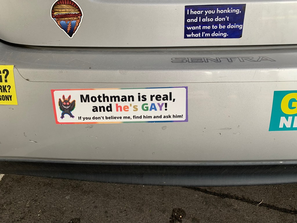 A bumper sticker, titled Mothman is real!!