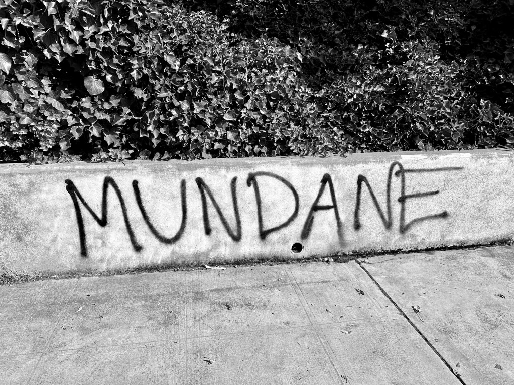 Black-and-white photograph of the word MUNDANE spray-painted on a wall