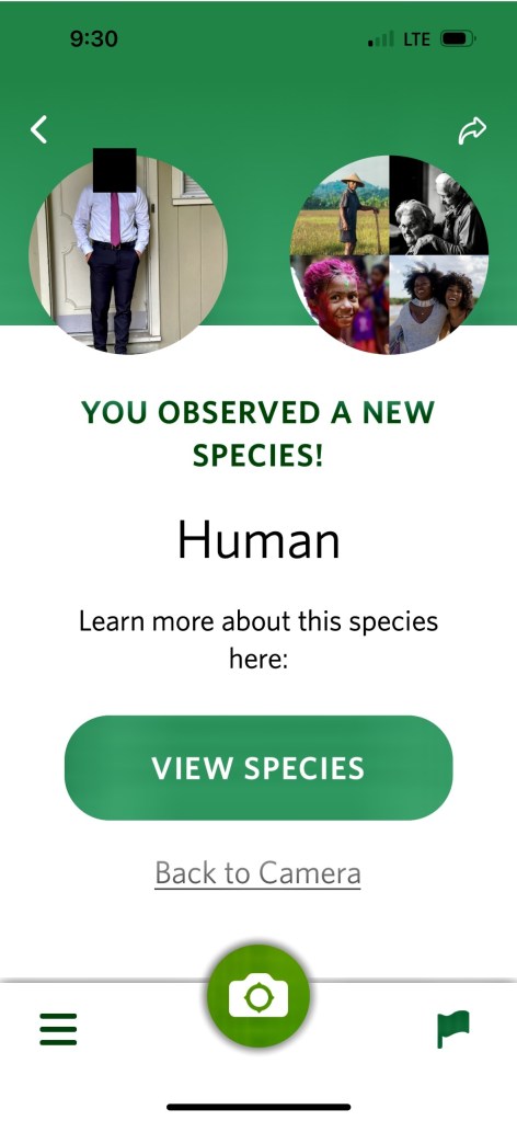 A nature-identification app announcing that it has observed a new species: Human