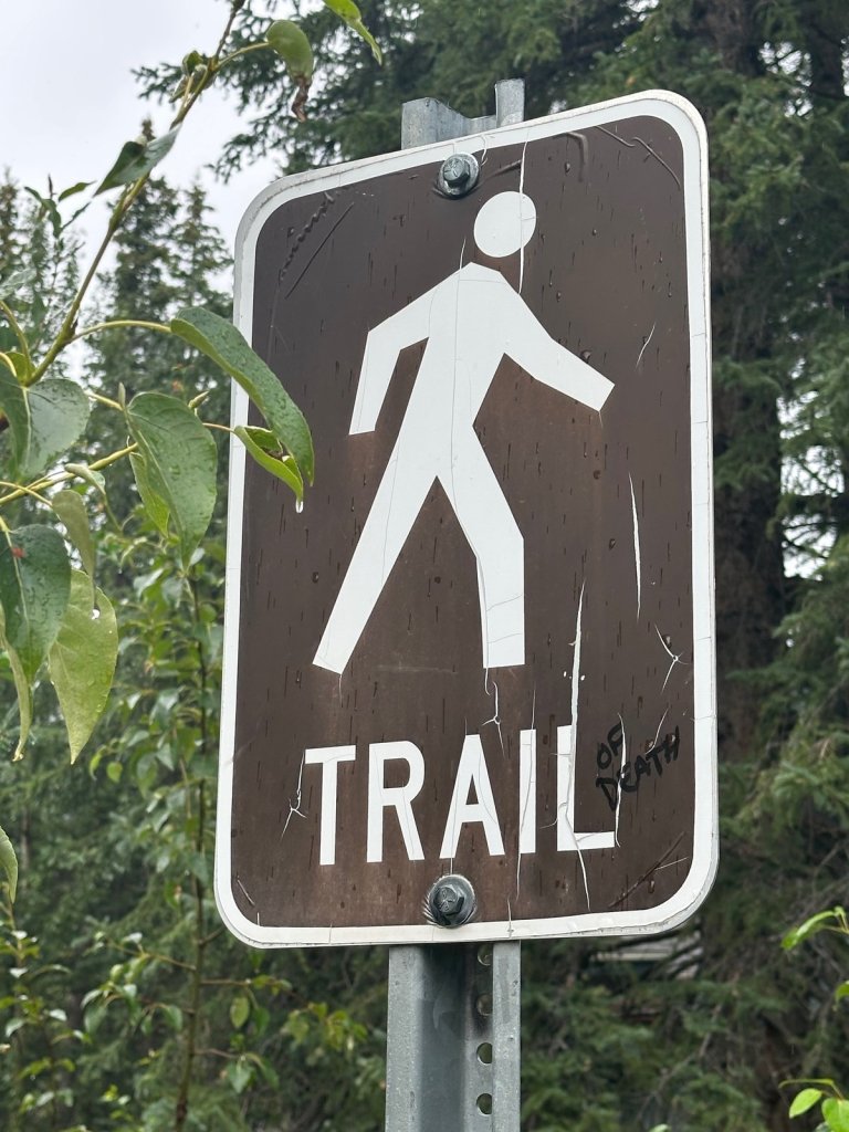 A brown TRAIL sign with a walking figure, with OF DEATH added in marker